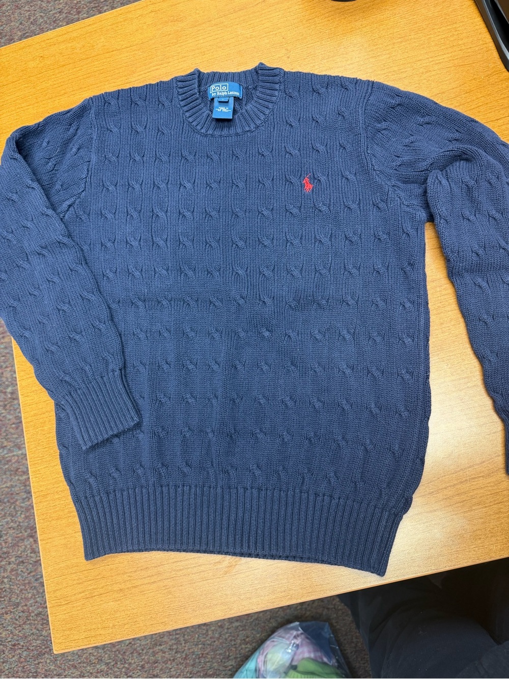 Ralph Lauren Navy Cable-Knit Crewneck Sweater with Red Pony - Picture 4 of 8